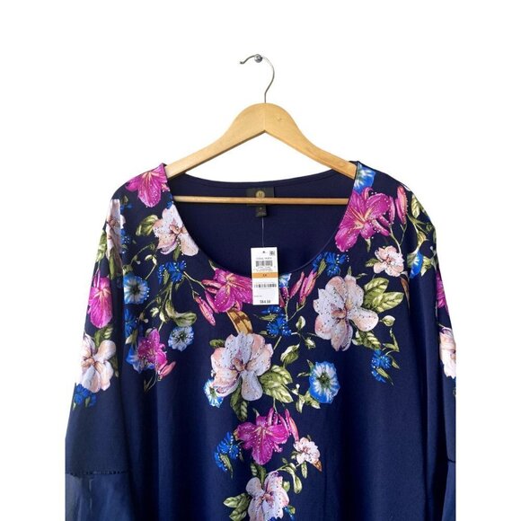 NWT JM Collection Long Sleeved Embellished Floral Navy SheerTunic Top 3X - Picture 3 of 9